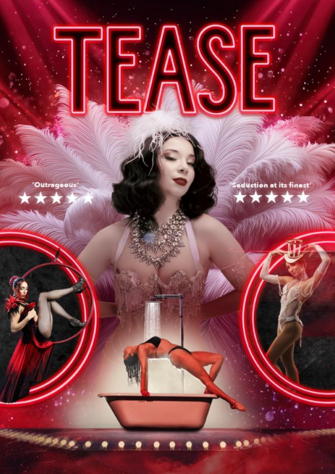 A woman in a white cabaret outfit smirks at the camera, with various women posing around her. In red, the word "TEASE" sits at the top.