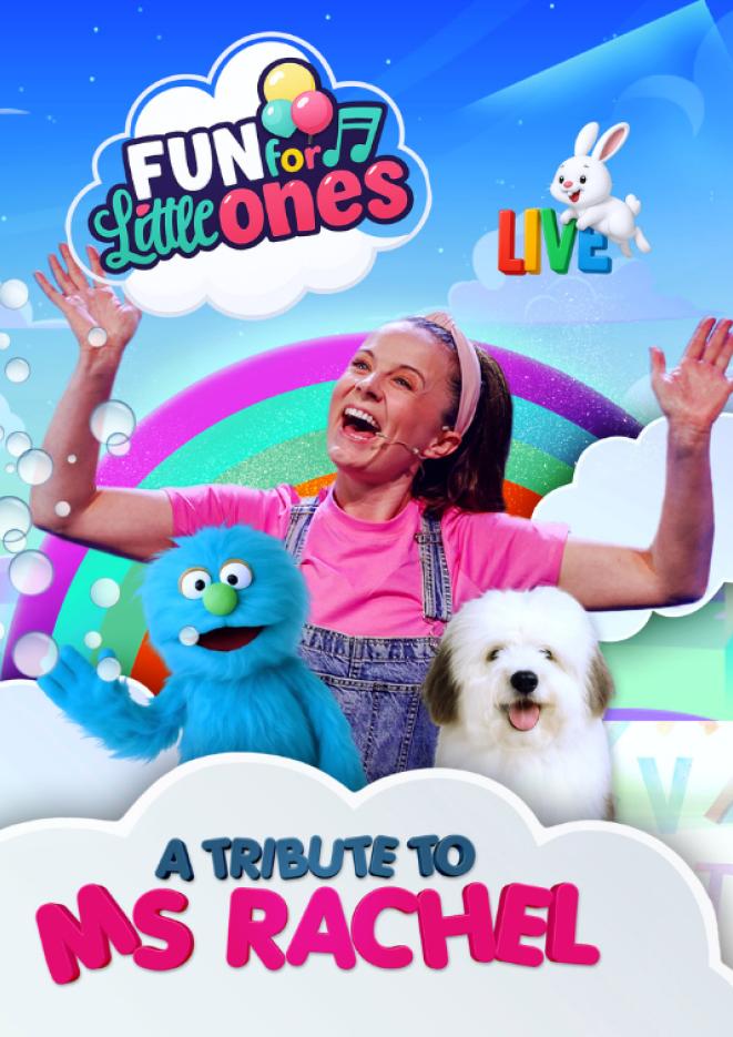 Bright artwork with clouds and rainbows with a woman and two puppets, below reads A Tribute To Ms Rachel.