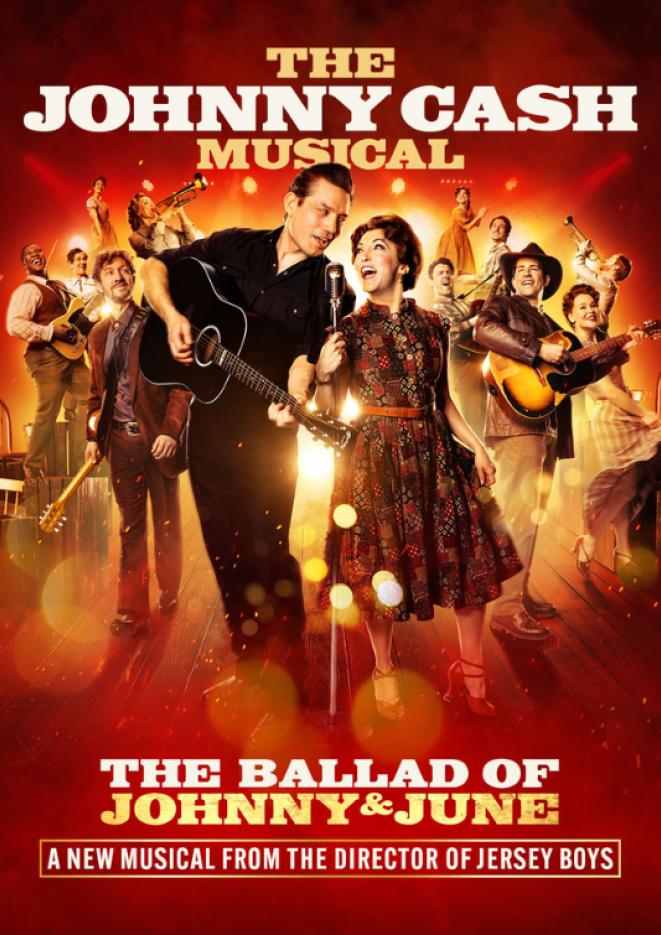 Cast of The Ballad of Jonny and June perform with various instruments against red artwork.