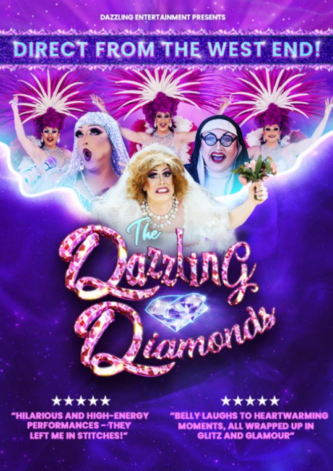 Purple artwork with several drag artists and text below that reads The Dazzling Diamonds.