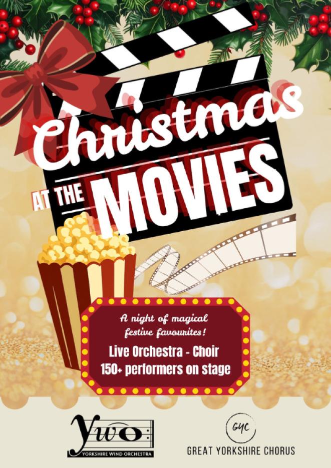 Graphics of a box of popcorn, a movie clapperboard with text over the top that reads Christmas at the Movies.