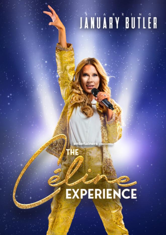 A singer wears a gold sparkly outfit posing as Celine Dion. Text underneath reads The Celine Experience.