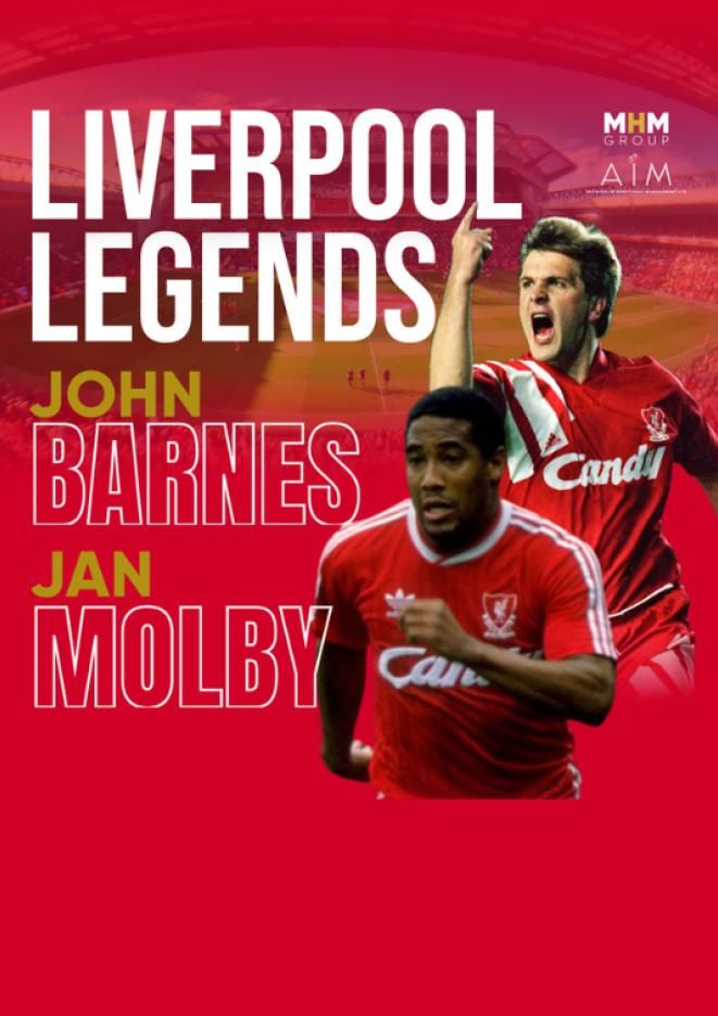 Red artwork with photos of John Barnes and Jan Molby with white text above that reads Liverpool Legends.