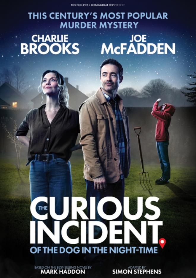 Three actors stood in a garden, white text below reads The Curious Incident of the Dog in the Night-Time.