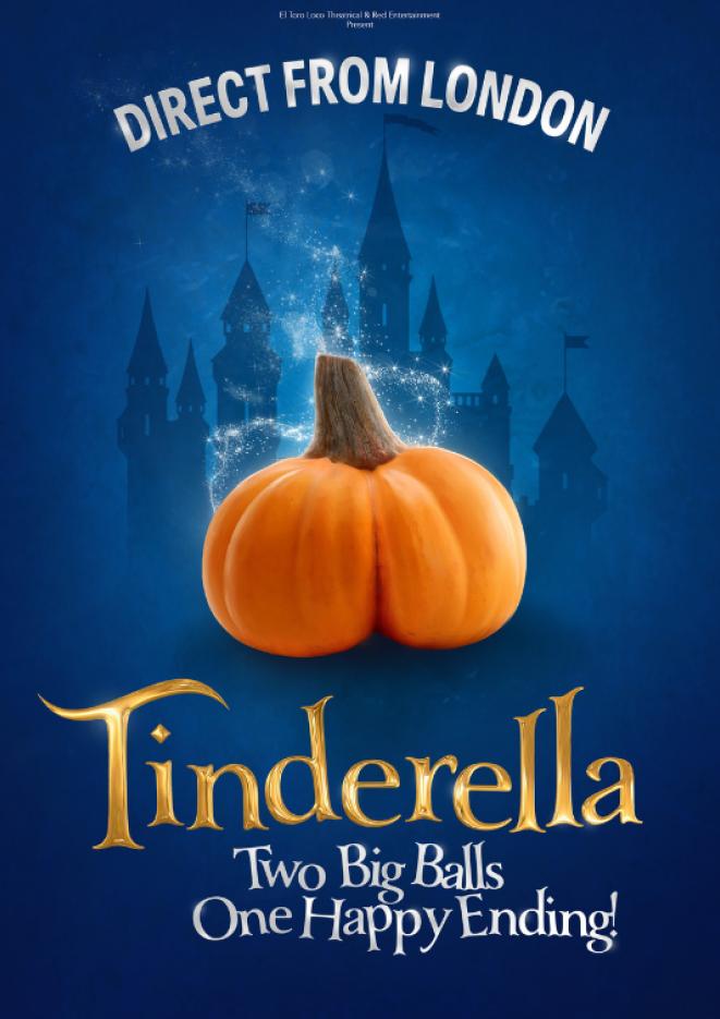 A pumpkin sits in the middle of a blue poster, with a silhouette of a castle in the background, and gold text saying "Tinderella" at the bottom.