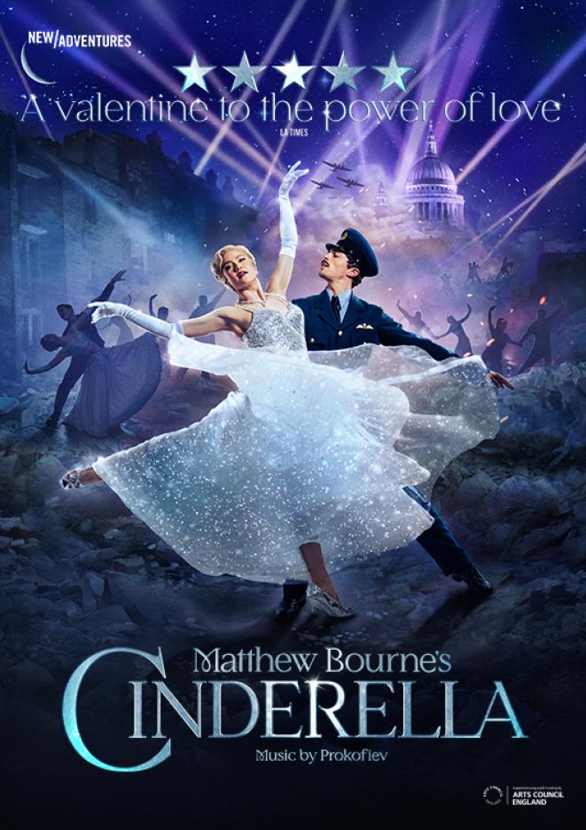 Two ballet dancers against a purple and black background. One wears a long, blue dress and text underneath reads Cinderella.