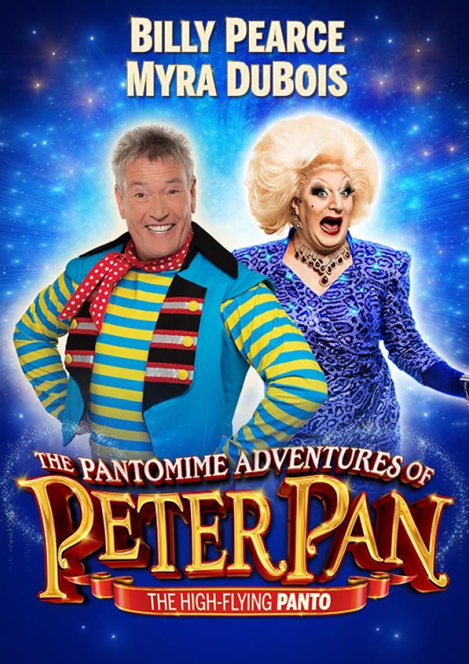 A man dressed in a blue and yellow stripey t-shirt and waistcoat smiles at the camera with his hands on his hip, and a drag queen wearing a blue leopard print dress and a large blonde wig stands enthusiastically behind him, against a sparkly blue background.
