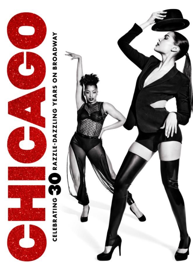 Red text on the left reads Chicago, as two women pose against a white background, wearing all black outfits.
