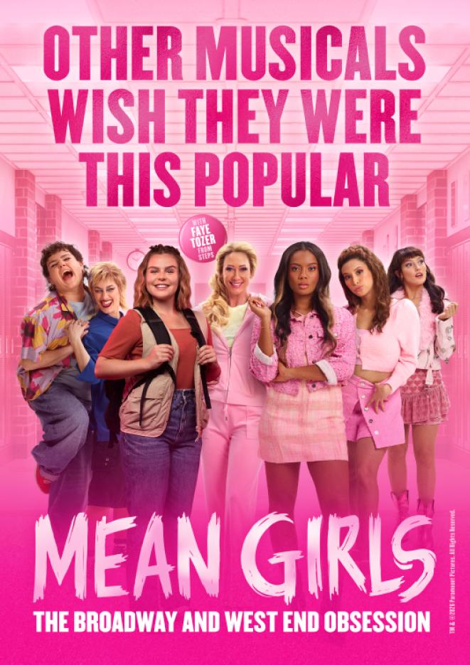 Pink artwork with several people stood in a school hallway, text below reads Mean Girls.