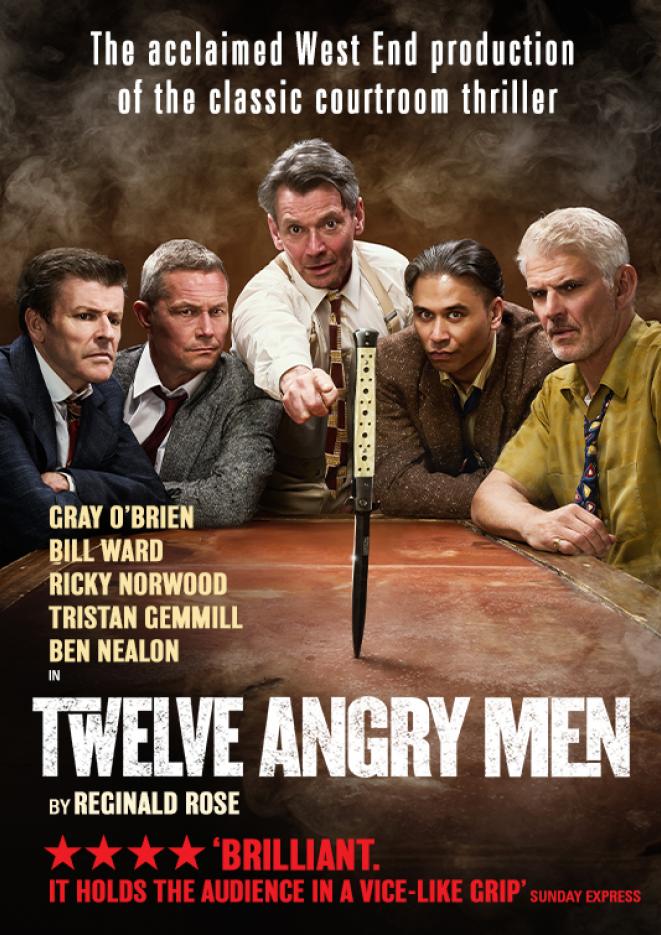 Five men sat around a table looking at a knife. White text below reads Twelve Angry Men.