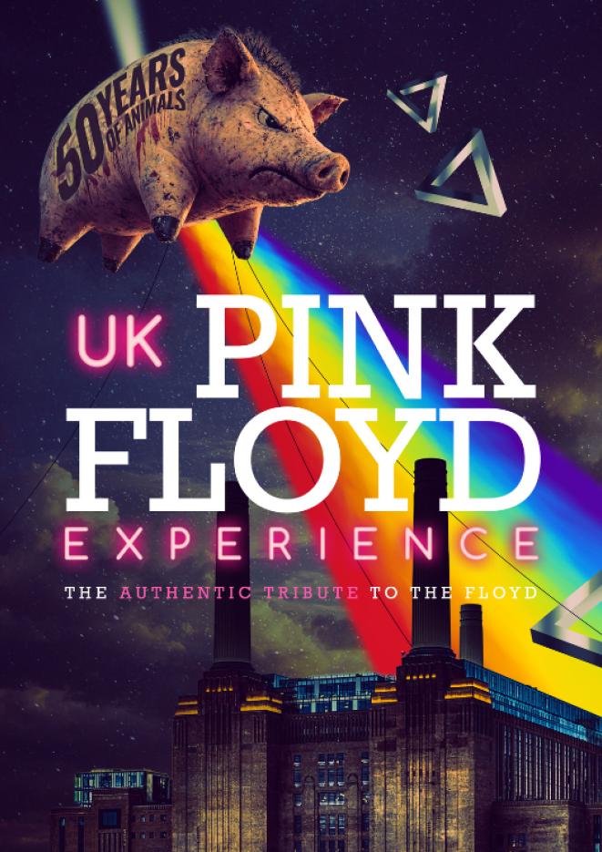 Text that reads UK Pink Floyd Expereince over the top of graphic of Battersea Power Station and a flying pig.
