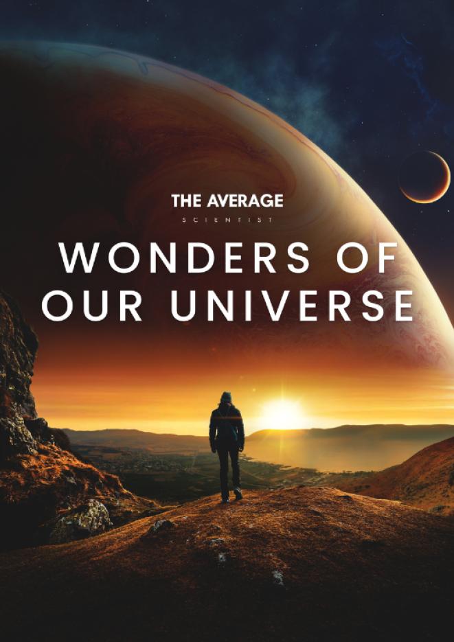 Artwork of a man walking on large rocks looking out at a sunset and other planets.