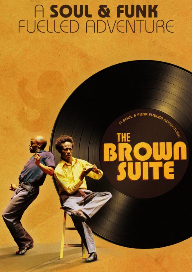 Two men sat against an orange background with a graphic of a record on the side. Orange text in the record reads The Brown Suite.
