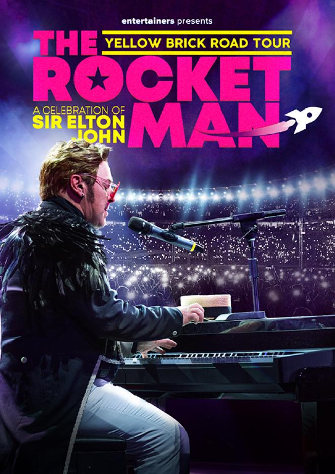 A man sits at a piano in front of a crowd, pink text above reads The Rocket Man.