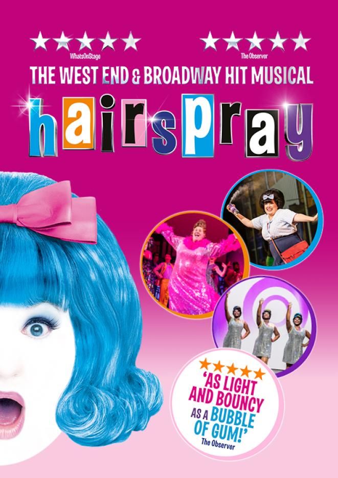 A young woman with large hair and a pink bow looks shocked against a pink background, with pictures of cast members dancing in the background, and 'Hairspray' written with cut-out letters at the top.