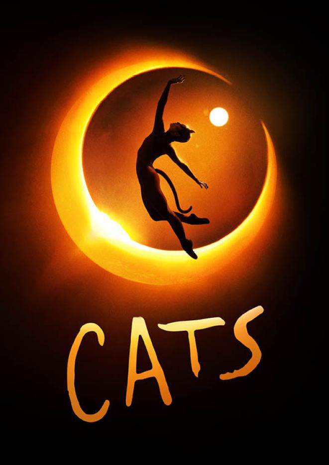 A woman dressed as a cat leaps into the air in front of a moon, with 'CATS' written at the bottom