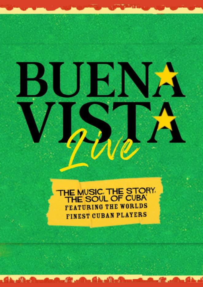 Black and yellow text on a green textured background saying 'Buena Vista Live'