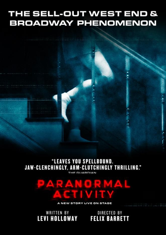 An image of someone walking down the stairs with the title Paranormal Activity in red underneath their feet