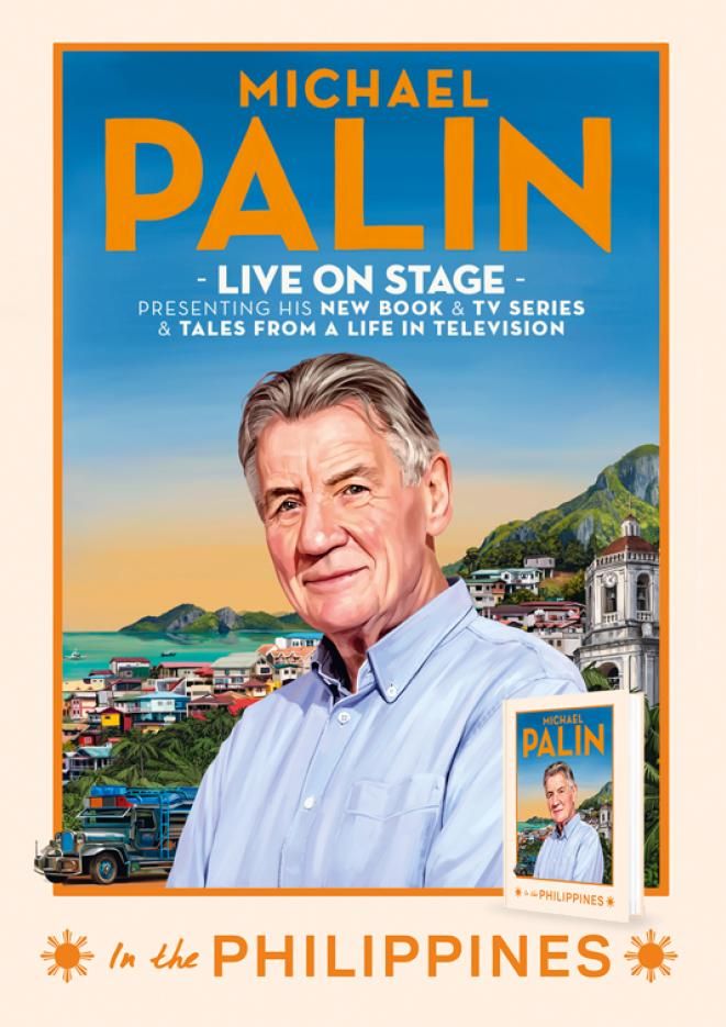 Michael Palin stands against a serene background, with text over the top that reads Michael Palin In The Philippines.