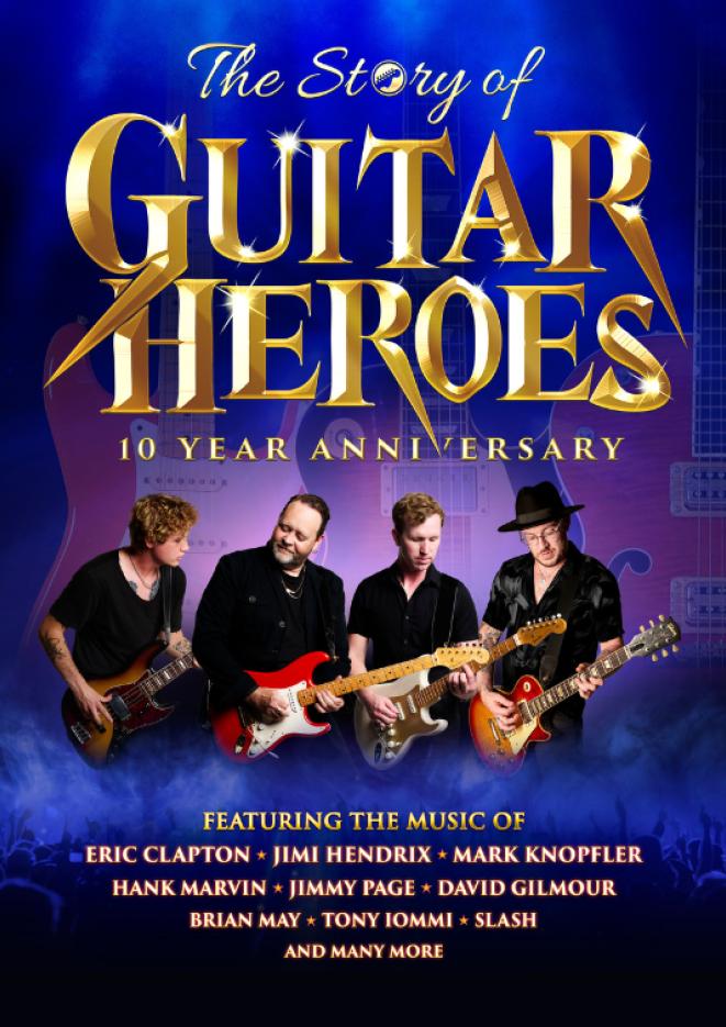 Gold text reads The Story of Guitar Heroes. Below, four musicians play guitars against a purple background.
