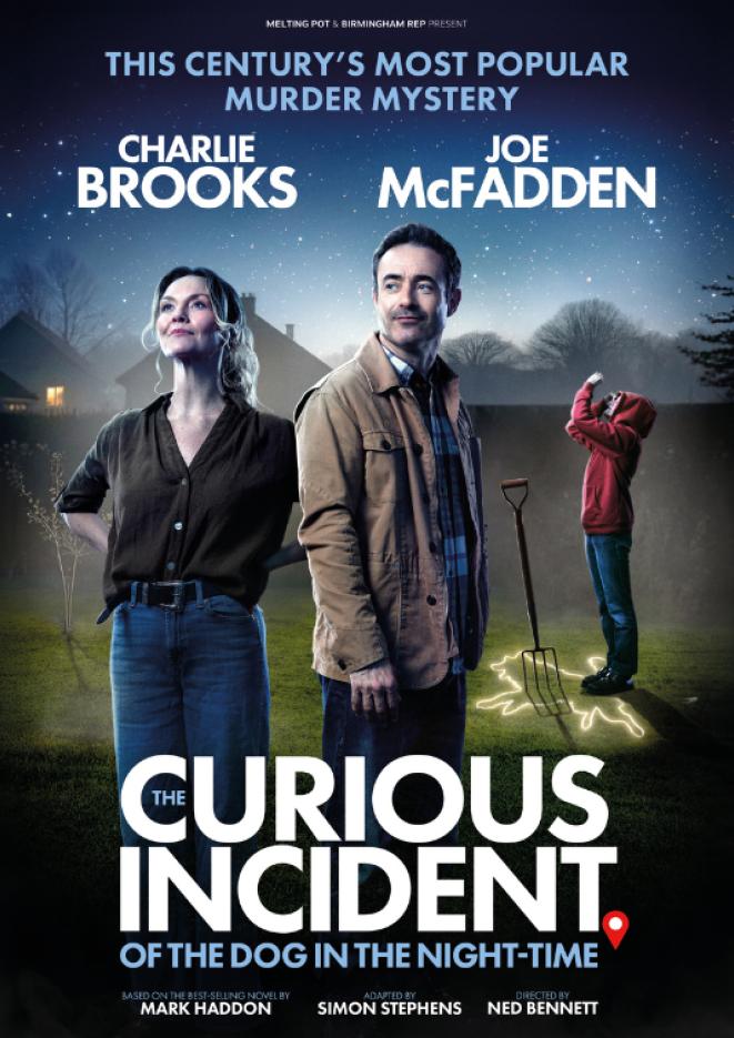 Three actors stand in a garden looking up at the sky, white text below reads Curious Incident of the Dog in the Nighttime
