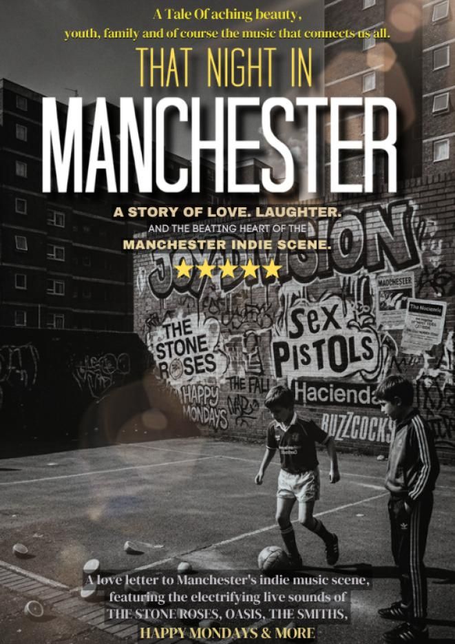 Two young boys play football on a concrete pitch, text above reads That Night in Manchester.