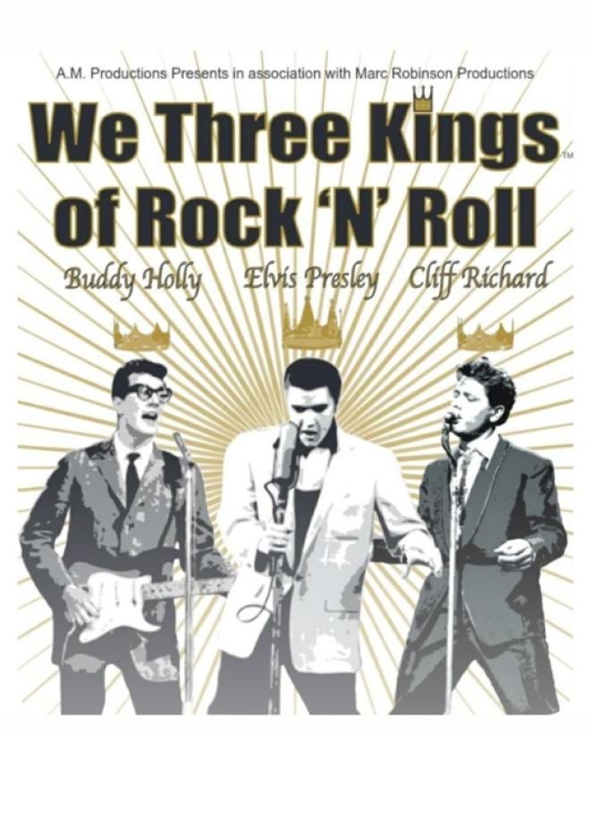 A black and white image of three men singing into microphones, text above reads We Three Kings of Rock and Roll