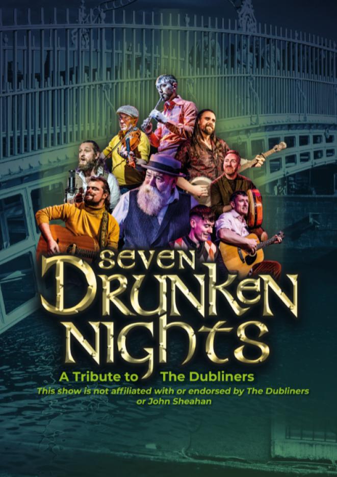 A group of musicians playing instruments against a green background. Gold text in the centre reads Seven Drunken Nights.