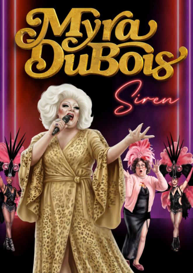 Drag performer Myra DuBois wears a long, leopard print dress, singing into a microphone. Text above reads Myra DuBois Siren.