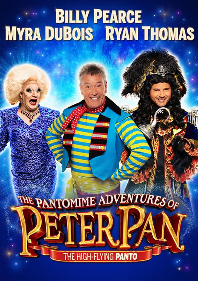 Billy Pearce, Myra Dubois and Ryan Thomas smile at the camera against a blue sparkly background, with gold text 'The Pantomime Adventures of Peter Pan' at the bottom