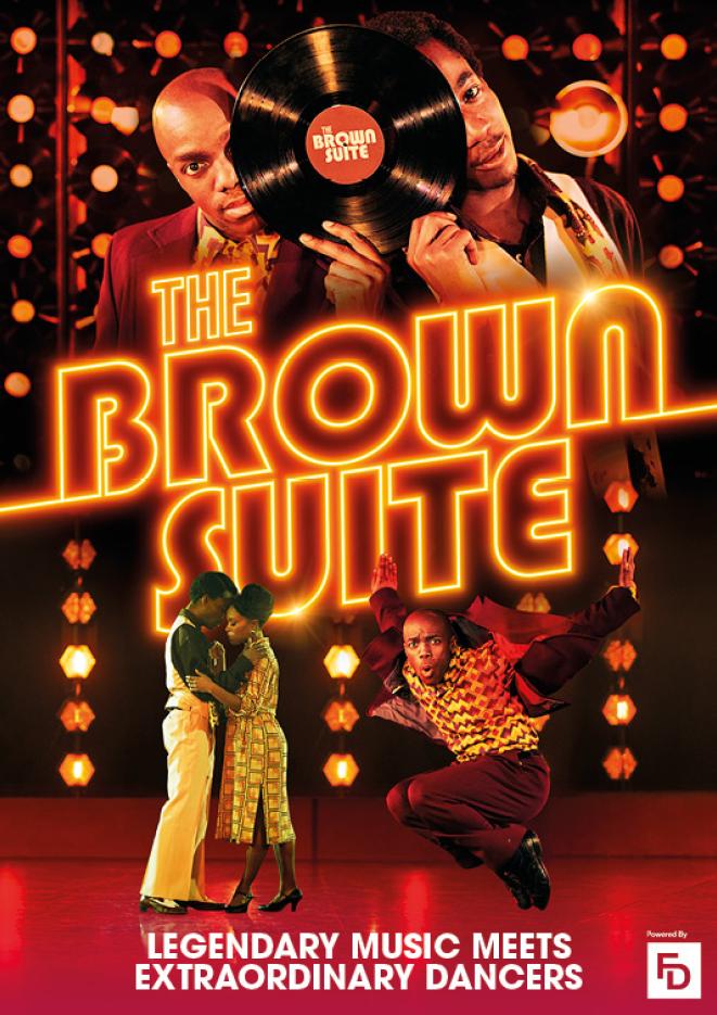 People dancing on a red stage with a background of stage lights. Text over the top reads The Brown Suite.