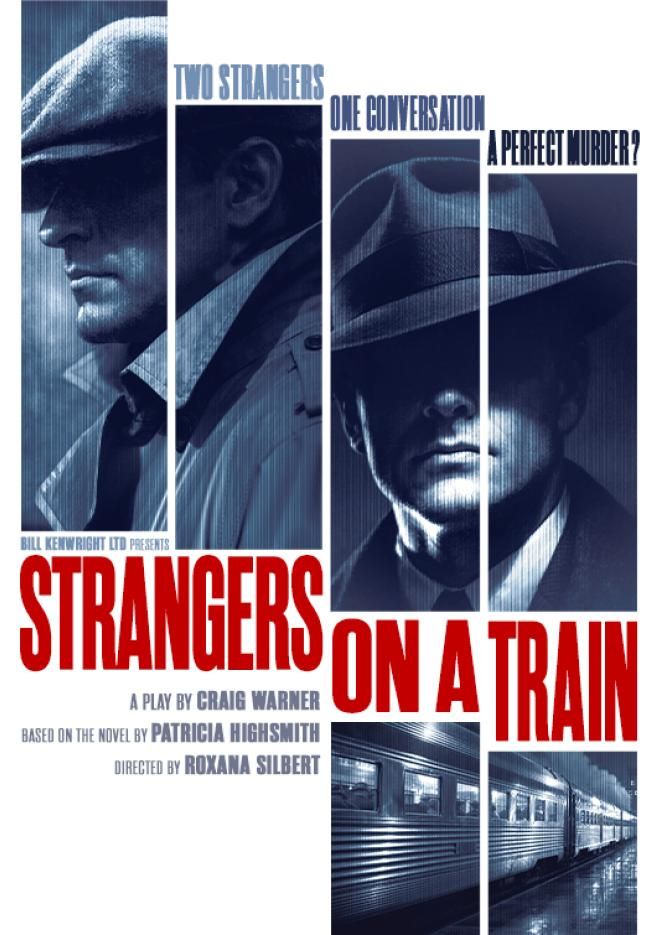 Black and white collage of photographs of two men and a train with red text which reads Strangers on a Train.