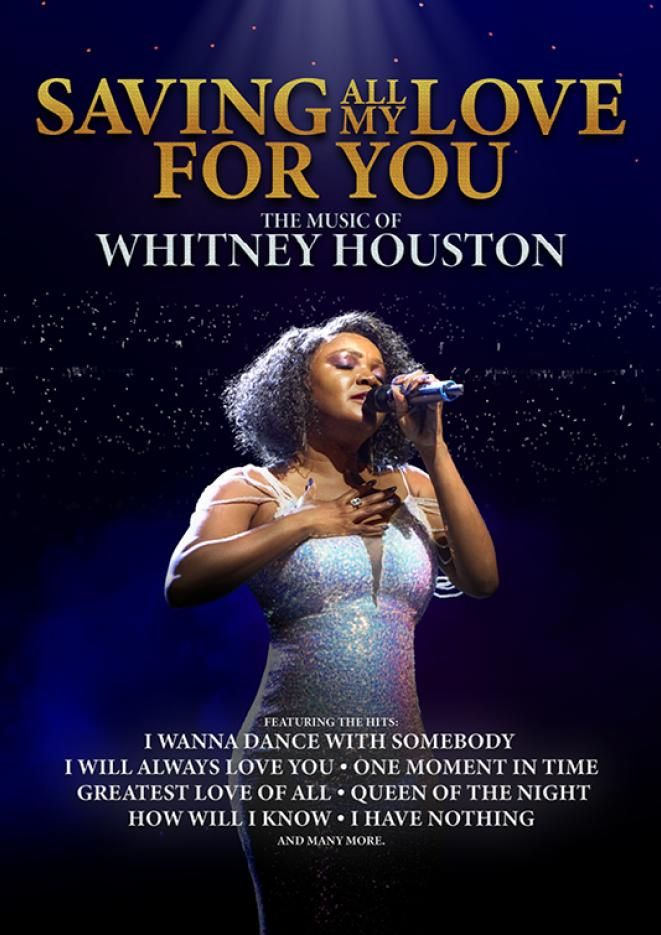 A woman wearing a fitted silver dress sings into a microphone on a dark stage. Above, text reads Saving All My Love For You.