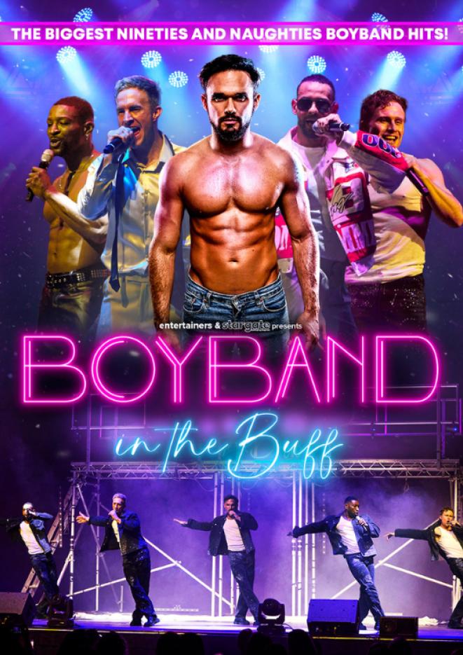 Gareth Gates stands in the centre of the image with other singers behind him. Pink text over the top reads Boyband in the Buff.