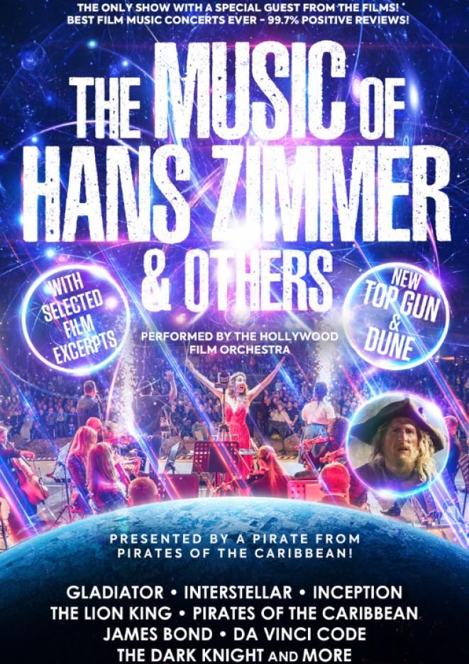 A purple background with people performing. Over the top, white text reads The Music of Hans Zimmer and Others.