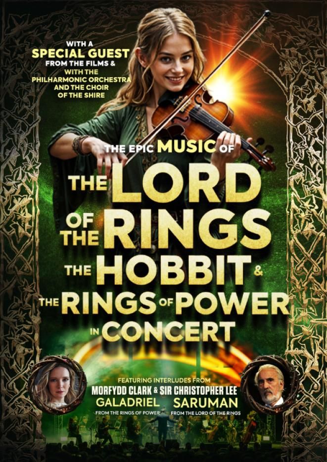 An image of a woman playing violin against a green background. Gold text over the top reads The Lord of The Rings and The Hobbit in Concert.