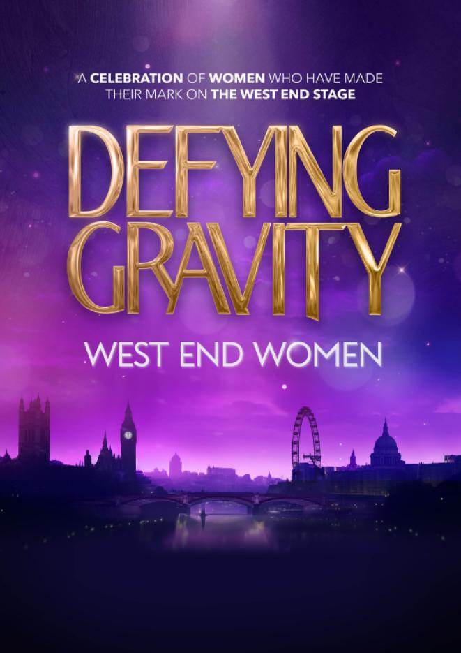 A silhouette of the London skyline against a purple background. Gold text above reads Defying Gravity.