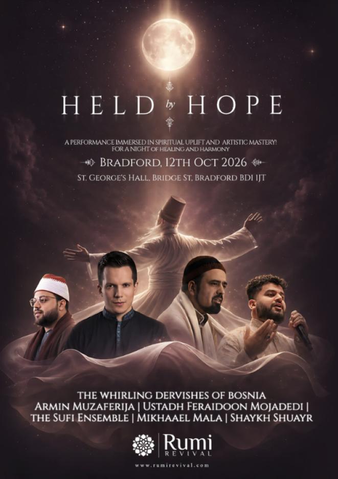 Four men wearing religious clothing sit against a dark background. White text above reads Held by Hope.