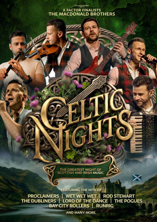A collage of musicians playing various instruments, gold text over the top reads Celtic Nights.