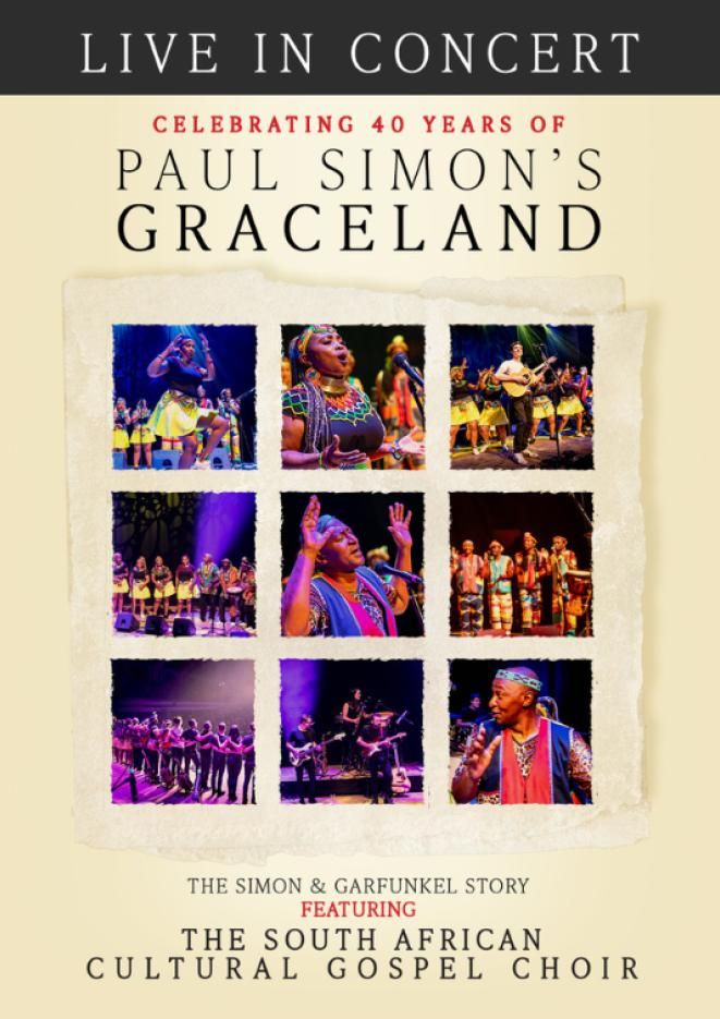 A collage of 9 images of a gospel choir, with text above that reads Paul Simon's Graceland.