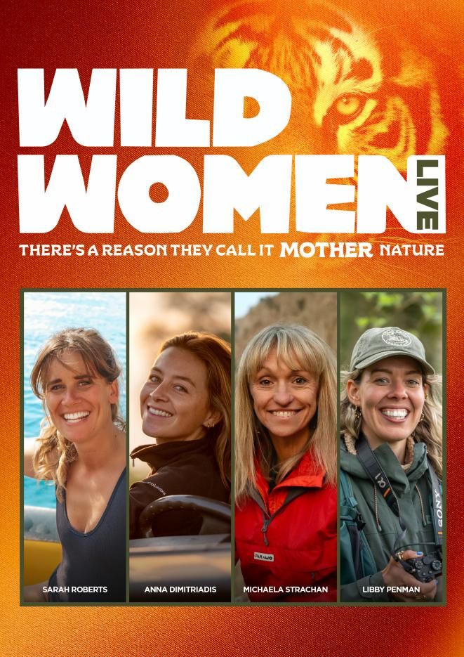 Four pictures of women who work in nature, against an orange background. White text above reads Wild Women Live.