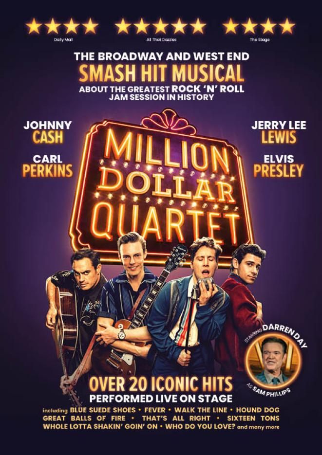 Four people dressed as Johnny Cash, Carl Perkins, Jerry Lee Lewis and Elvis Presley hold instruments and microphones, in front of a purple background and gold text saying 'Million Dollar Quartet'