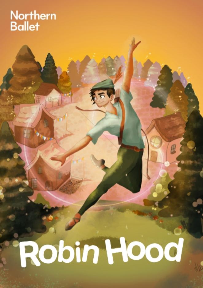 An illustration of Robin Hood leaping in the air against a background of trees and a yellow sky.