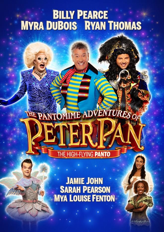 Billy Pearce, Myra DuBois, Ryan Thomas, Jamie John, Sarah Pearson and Mya Louise Fenton stand against a blue sparkly background in pirate-themed outfits, with 'The Pantomime Adventures of Peter Pan' in red and gold in the middle.