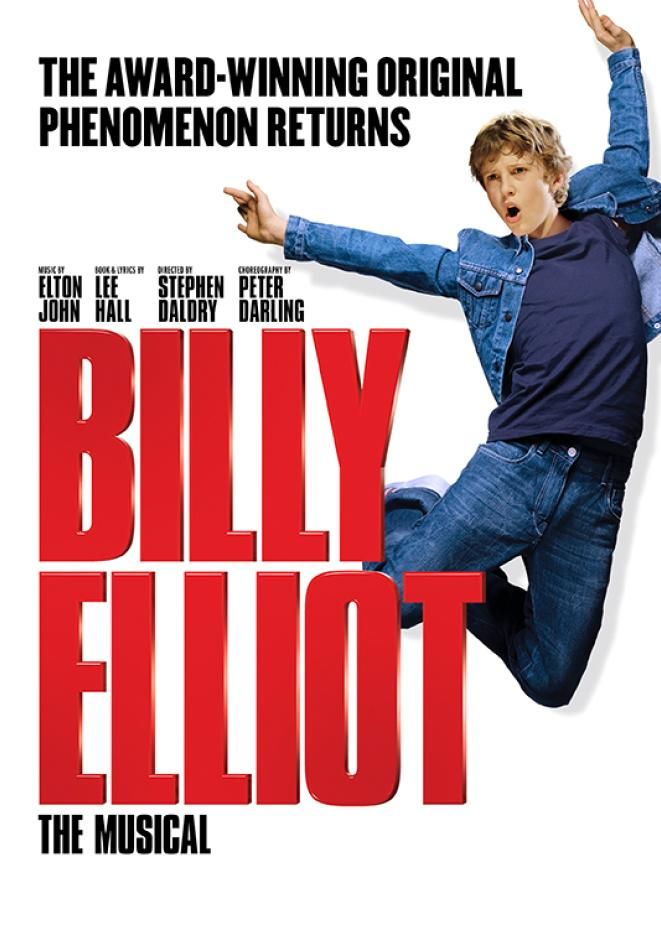 A boy wearing denim jeans and jacket jumps in the air against a white background. To the left, red text reads Billy Elliot.