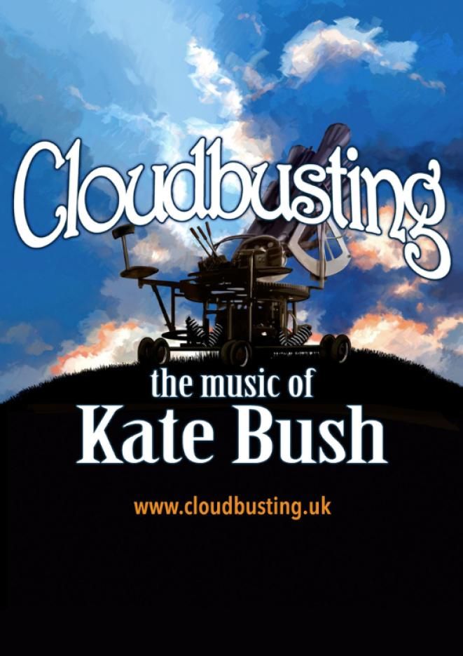 A 'Cloudbusting' machine sits on a hill against a blue cloudy sky