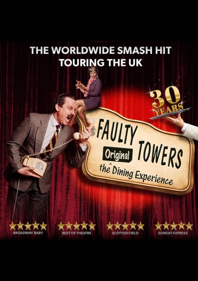A man shouts into a telephone while a woman sits on a sign that says "Faulty Towers The Original Dining Experience", and the words "30 Years" are being served on a plate