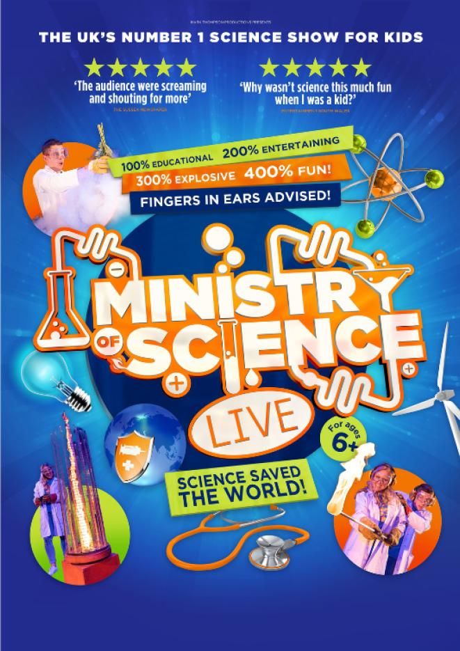 'Ministry of Science Live' in white and orange text against a blue background, with various science equipment hovering around it