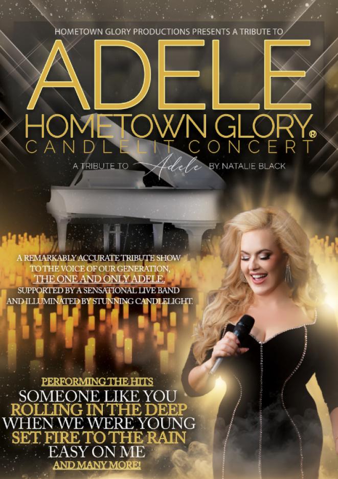 A woman dressed in a long, black dress on the right side of the image, text above reads Adele By Candelight.