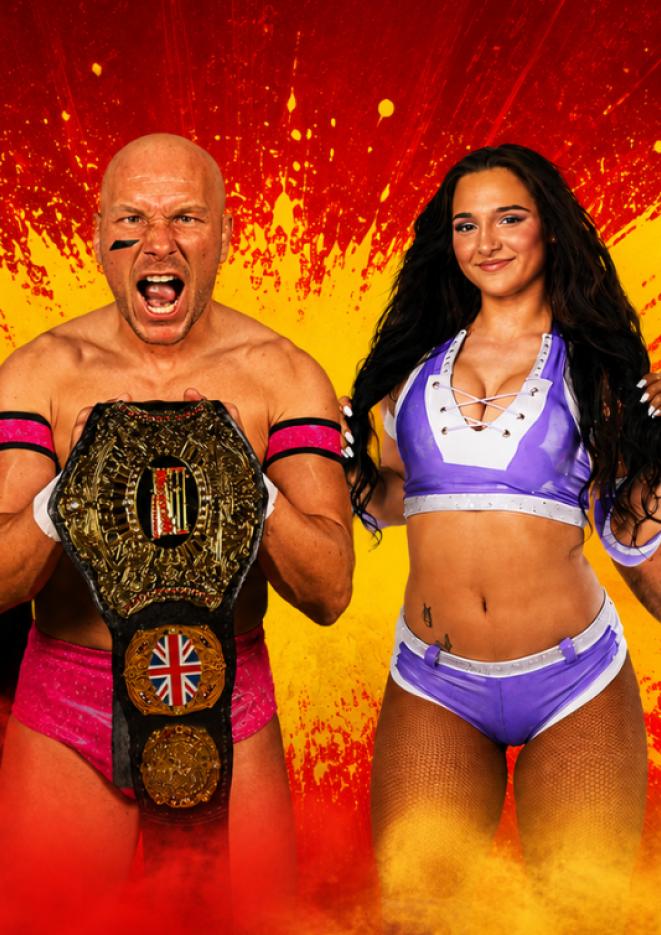 Two wrestling personalities stand in the centre of an image, with red and yellow paint splash effects behind them.